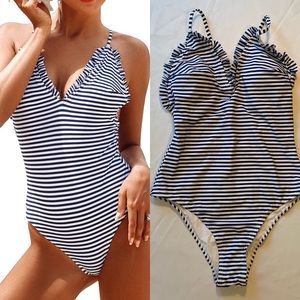 NWT Cupshe Navy/White Stripe 1-Piece+Ruffle Detail